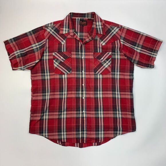 Plains Westernwear Shirt Mens XL Extra Large Red Snap Button Plaid Lightweight - Picture 2 of 12